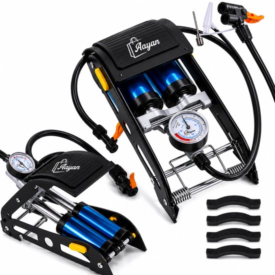 Dubbele Voetpomp met Manometer 150 PSI / 10 Bar – 2-Cilinder Fietspomp voor Auto, Motor, Fiets, Ballen en Luchtbedden – Inclusief 3 Opzetstukken – handmatige luchtpomp – auto accessoires – fiets accessoires – pomp met drukmeter – reispomp – 52656