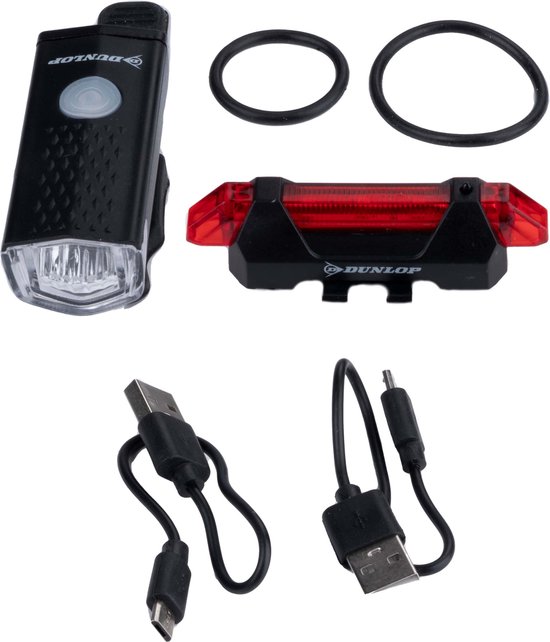 Dunlop Fietslamp Set Oplaadbaar - Fietsverlichting Voorlicht en Achterlicht - Fietslicht met USB Kabels en 7 Lichtstanden - Achterlicht Fiets Oplaadbaar met Siliconen Bevestiging - Zwart