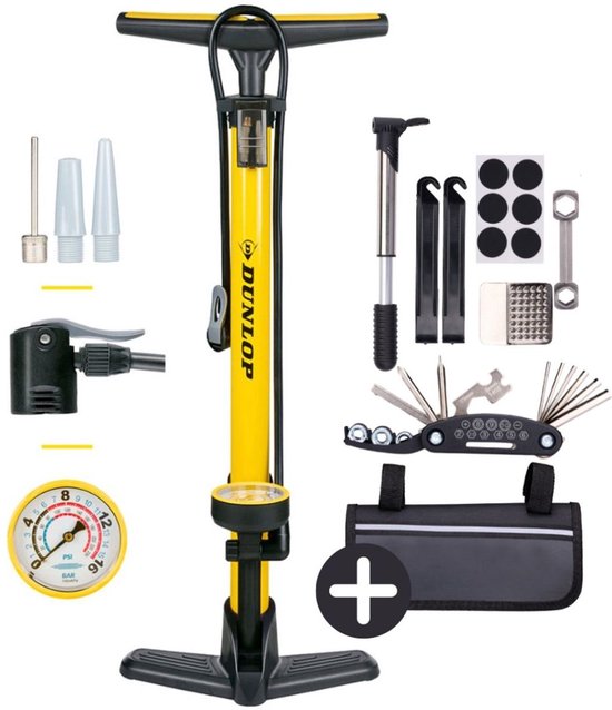 Dunlop Fietspomp met Drukmeter en Fiets Reparatieset 14-delig - Fietsgereedschap met Mini Pomp en Bandenplakkers - Geschikt voor Presta Dunlop Schrader Ventiel - Geel van Dunlop