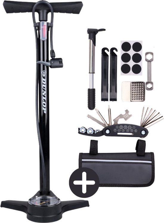 Dunlop Fietspomp met Drukmeter en Fiets Reparatieset 14-delig - Fietsgereedschap met Mini Pomp en Bandenplakkers - Geschikt voor Presta Dunlop Schrader Ventiel - Zwart van Dunlop