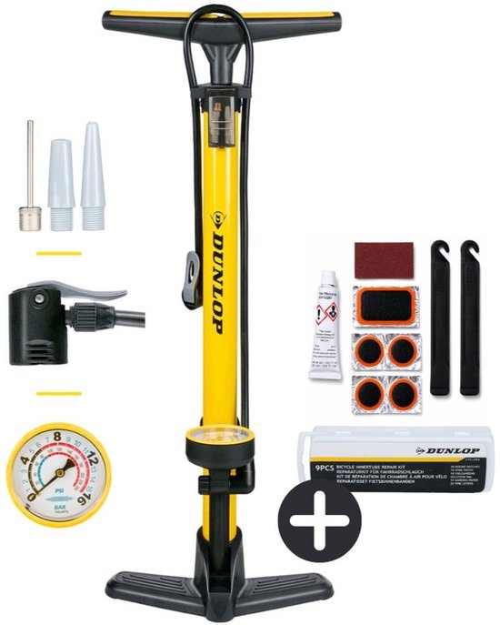 Dunlop Fietspomp met Drukmeter en Fiets Reparatieset 9-delig - Fietsgereedschap met Bandenplakkers en Bandenlichters - Geschikt voor Presta Dunlop Schrader Ventiel - Geel