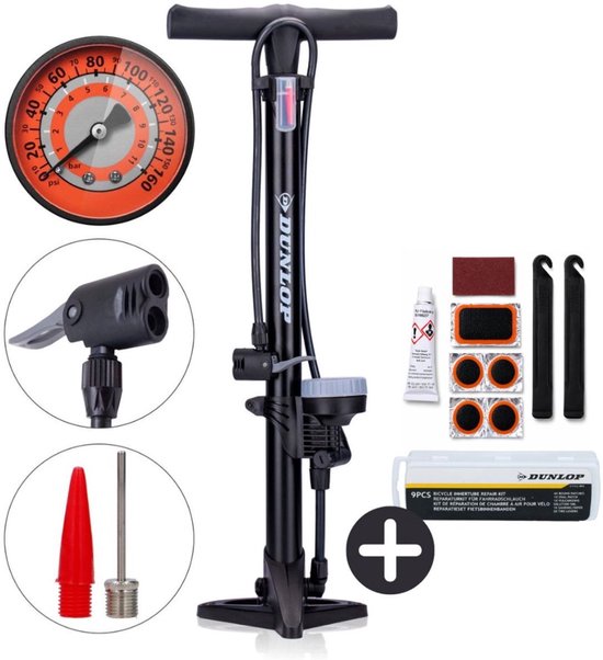 Dunlop Fietspomp met Drukmeter en Fiets Reparatieset 9-delig - Fietsgereedschap met Bandenplakkers en Bandenlichters - Geschikt voor Presta Dunlop Schrader Ventiel - Zwart