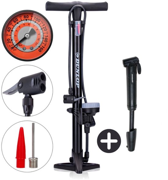 Dunlop Fietspomp met Drukmeter en Mini Fietspomp Set - Vloerpomp tot 180 PSI met Adapter - Compacte Handpomp voor Onderweg - Geschikt voor Presta Dunlop Schrader - Zwart