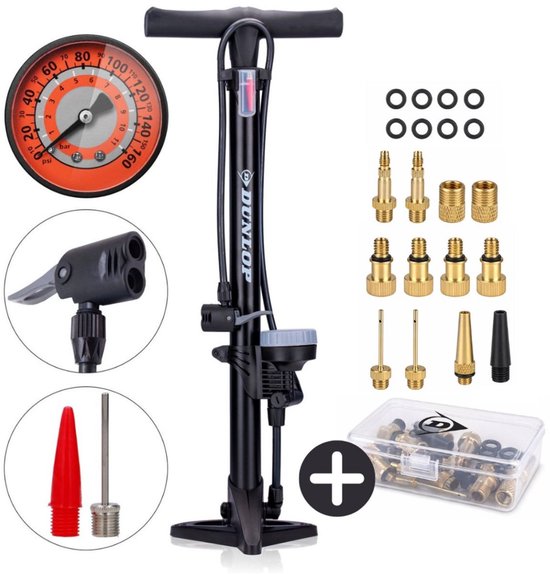 Dunlop Fietspomp met Drukmeter en Ventiel Adapter Set - Vloerpomp 180 PSI - Geschikt voor Presta Dunlop Schrader - Verloopnippels voor Fiets Auto Bal - Inclusief Opbergdoos van Merkloos