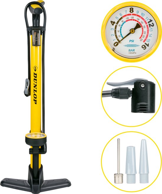Dunlop Fietspomp met Drukmeter - Fiets Pomp voor Dunlop, Schrader en Frans Ventiel - Staande Pomp Incl. Adaptoren voor Waterspeelgoed en Ballen van Dunlop