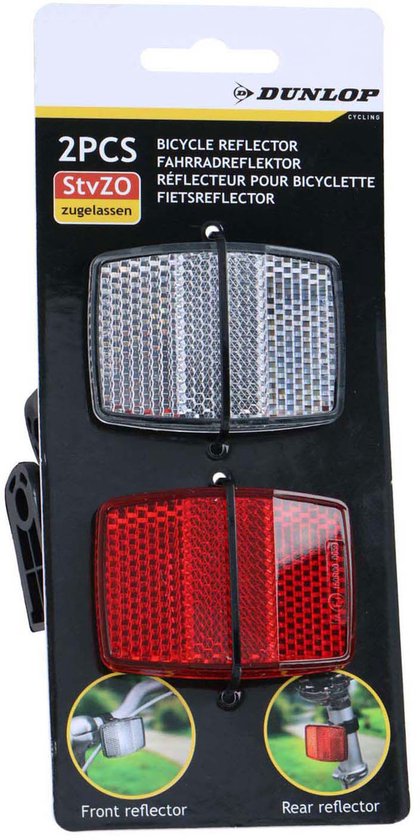 Dunlop Fietsreflector Set K-mark - Wit en Rood - Voor- en Achterreflector - Eenvoudige Montage op Stuur en Frame - K-mark Gecertificeerd - Verbetert Zichtbaarheid in het Donker