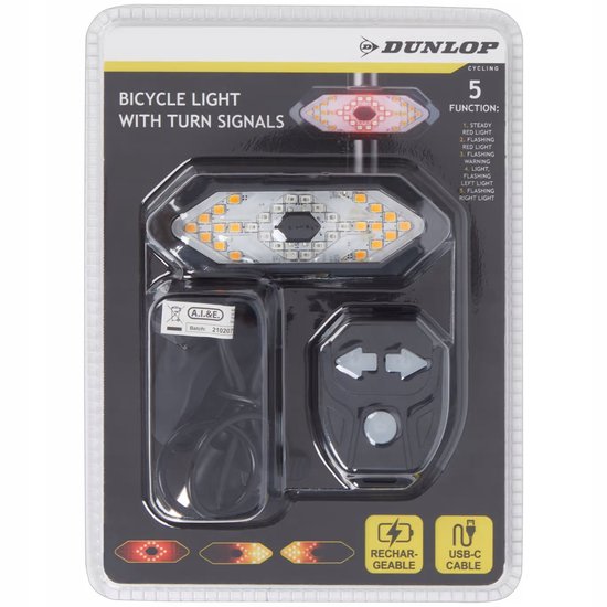 Dunlop - Oplaadbaar Fietsachterlicht met Richtingaanwijzers - Inclusief afstandsbediening - USB-oplaadbaar - 5 Functies: Continu Rood Licht - Knipperend Rood Licht - Knipperend Waarschuwingslicht - Knipperlicht Links - Knipperlicht Rechts