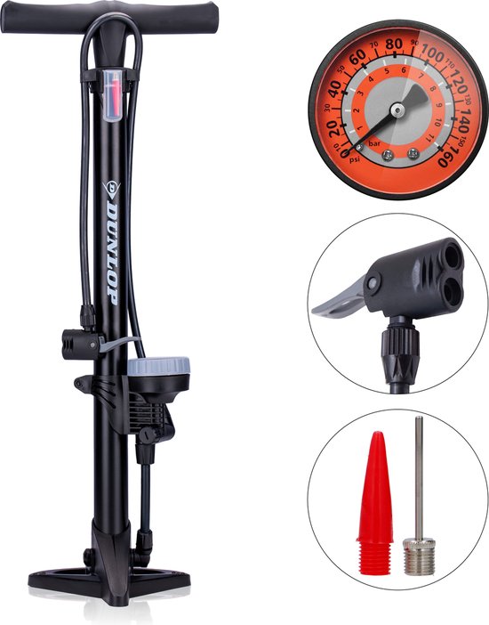 Dunlop Staande Fietspomp Pro uitvoering - Analoge Drukmeter - Dubbele Ventielkop - Zwart van Dunlop