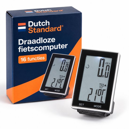 Dutch Standard draadloze fietscomputer - 16 functies - Snelheidsmeter en kilometerteller - Met achtergrondverlichting - Zwart/zilver