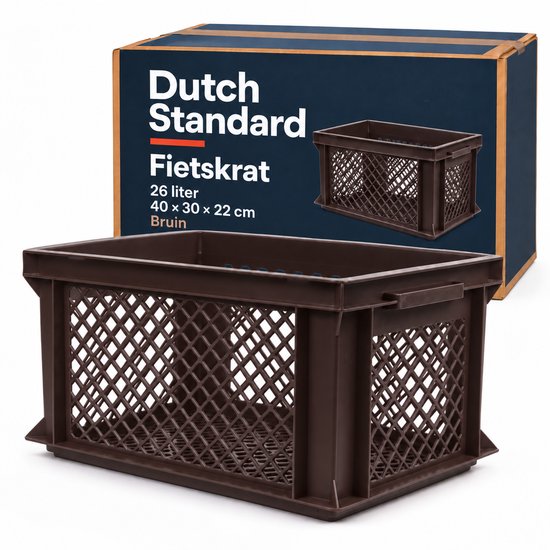 Dutch Standard Fietskrat – 26 Liter – 40 x 30 x 22 cm – Kunststof – Voor Voordrager – Bruin
