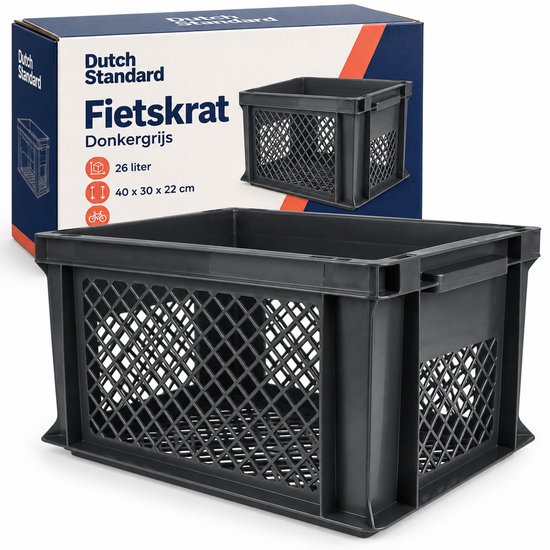 Dutch Standard Fietskrat – 26 Liter – 40 x 30 x 22 cm – Kunststof – Voor Voordrager – Donkergrijs