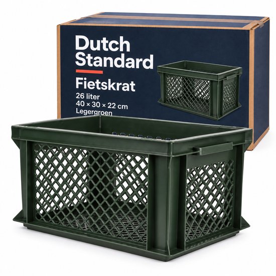 Dutch Standard Fietskrat – 26 Liter – 40 x 30 x 22 cm – Kunststof – Voor Voordrager – Legergroen