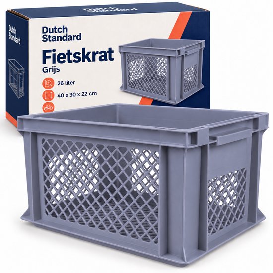 Dutch Standard Fietskrat – 40 x 30 x 22 cm – 26 Liter – Kunststof – Voor Transportrek – Grijs