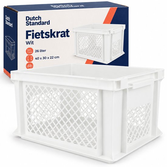 Dutch Standard Fietskrat – 40 x 30 x 22 cm – Kunststof – Voor Bagagedrager of Transportrek – Wit