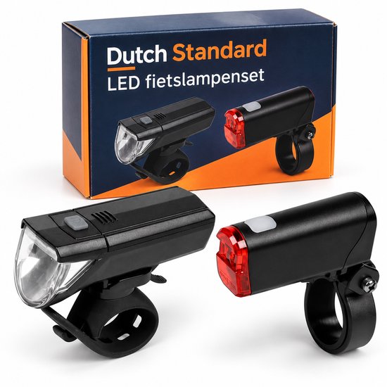 Dutch Standard fietslampenset - Led voorlicht 30 lux en achterlicht - Inclusief batterijen - IPX4 - Zwart