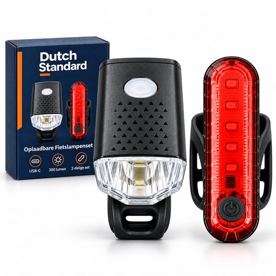 Dutch Standard Fietslampenset - Voorlicht 300 Lumen en Achterlicht - USB-C Oplaadbaar - Zwart