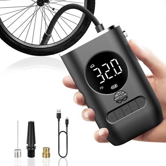 Dutch Wanted - Draagbare Compressor - Bandenpomp - Luchtcompressor - Oplaadbaar - Fiets Tot Auto - 4000 mAH Batterij - Led Display - Tot Wel 10.3 Bar - Met Zaklamp Functie