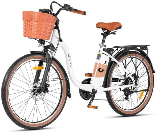 DYU C6 PRO elektrische fiets voor volwassenen - 26-inch e-bike voor dames - 250W borstelloze motor - 36V 15,6Ah - actieradius tot 80 km - e-bike voor woon-werkverkeer met - verwijderbare 562Wh accu - 7 versnellingen- 26 Inch City Commuter EBike- Wit van Merkloos