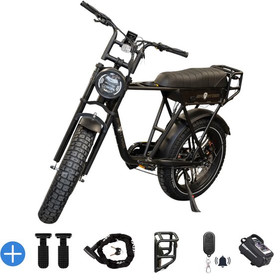 Ebikekopen.com Ape Ryder A10 Pro - Zwart - Fatbike - Rijklaar - 2026/2027 Model - Hydraulische remmen - Incl. Slot - Kettingbeschermer - Voetensteuntje - Straatlegaal - Ebike - Elektrische Fiets - Met Accessoires van Ebikekopen.com