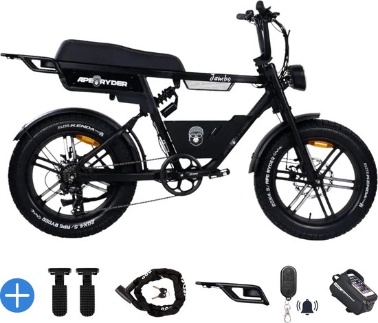 Ebikekopen.com ApeRyder Jambo Pro - Rijklaar - Nieuwste Model - Hydraulische remmen - 2025/2026 Model - Incl. Slot - Telefoonhouder - Alarmsysteem - Voorrekje - Voetensteuntje - Met Accessoires - Straatlegaal - Ebike - Elektrische Fiets - ApeRyder van Ebikekopen.com