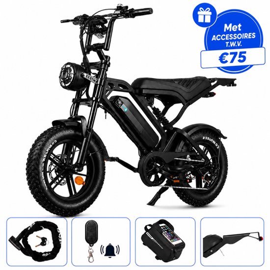 Ebikekopen.com Fatbike V20 Mini - Nieuwste Model - Hydraulische remmen - 2026/2027 Model - Incl. Slot - Telefoonhouder - Alarmsysteem - Achterrekje - Voetensteuntje - Met Accessoires - Elektrische Fiets - Bluethooth Speaker - QmWheel