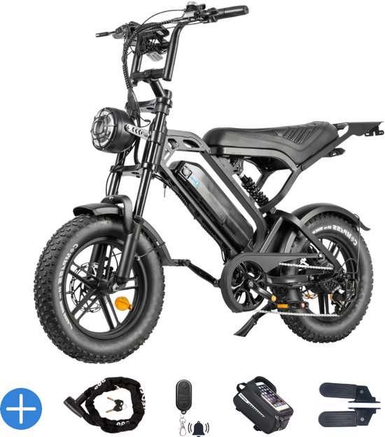 Ebikekopen.com Fatbike V20 Mini - Rijklaar - Nieuwste Model - Hydraulische remmen - 2026/2027 Model - Incl. Slot - Telefoonhouder - Alarmsysteem - Achterrekje - Voetensteuntje - Met Accessoires - Ebike - Elektrische Fiets - QMwheel