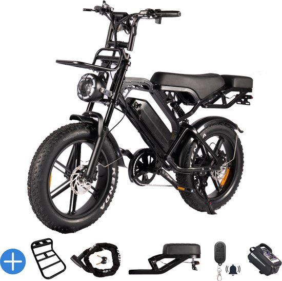 Ebikekopen.com Fatbike V20 Pro 7.0 - Zwart - 2025/2026 Model - Hydraulische remmen - Incl. Slot - Telefoonhouder - Alarmsysteem - Voorrekje - Voetensteuntje - Straatlegaal - Ebike - Fatbike - Elektrische Fiets - Qmwheel van Merkloos