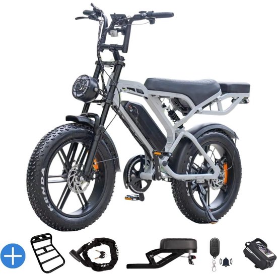 Ebikekopen.com V20 Pro - Licht Grijs - Nieuwste Model - Hydraulische remmen - 2026/2027 Model - Incl. Slot - NFC-chip - Telefoonhouder - Alarmsysteem - Voorrekje - Voetensteuntje - Met Accessoires - Ebike - Elektrische Fiets - QMwheel van Ebikekopen.com