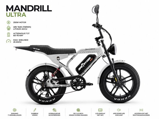 Ecowielen Mandrill Ultra Elektrische Fatbike 250W - 48V 15Ah - Actieradius 60-70 km - 20 Inch - Shimano 7 Versnellingen - Hydraulische Schijfremmen