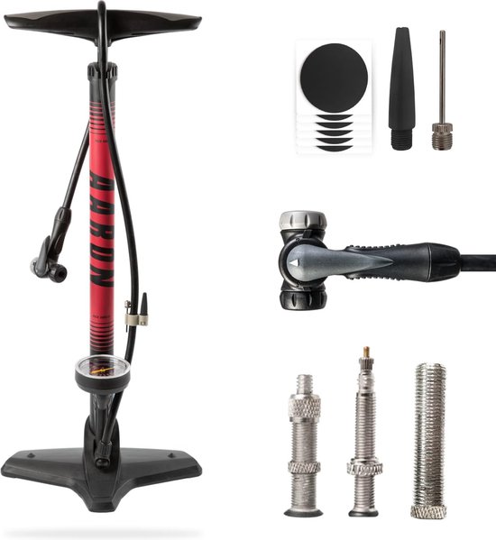 Een fietspomp voor alle kleppen met manometer, vloerpomp voor racefiets, e-bike, mountainbike, luchtpomp voor Franse klep, autoklep, fietsklep en adapter van Merkloos