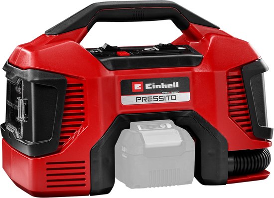Einhell Accu Compressor PRESSITO 18/21 Li Solo - Power X-Change - 18 V/Li-Ion - Aanzuigcapaciteit Hogedruk-/Lagedrukpomp: 21/370 l/min - Max. werkdruk hogedrukpomp: 10.5 bar - Incl. 3-delige adapterset - Excl. accu en lader