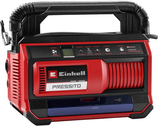 Einhell Accu Compressor PRESSITO 18/25 Li Solo - Power X-Change - 18 V/Li-Ion - Aanzuigcapaciteit Hogedruk-/Lagedrukpomp: 25/360 l/min - Max. werkdruk hogedrukpomp: 11 bar - Incl. 3-delige adapterset - Excl. accu en lader