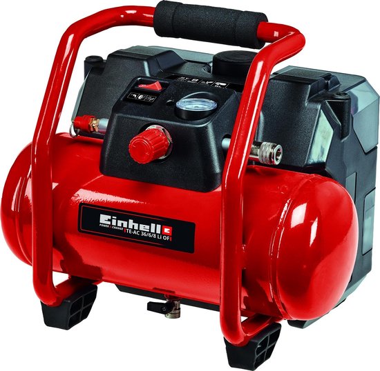 Einhell Accu Compressor TE-AC 36/6/8 Li OF Set Solo - Power X-Change - 36 V/Li-Ion - 16.000 t/min - Tank: 6 L - Max. Werkdruk: 8 bar - Aanzuigcapaciteit: 130 l/min - Olievrij - Incl. 11-delige adapterset - Excl. accu en lader