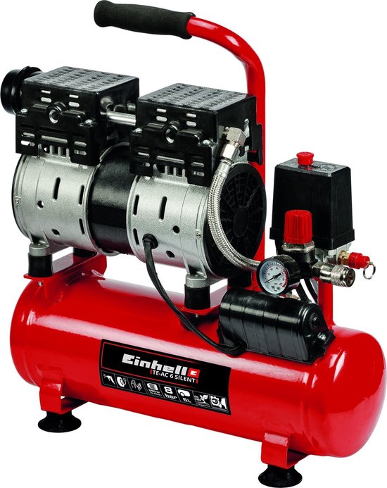 Einhell Elektrische Compressor TE-AC 6 Silent - 550 W - 8 bar - 6 L tank - Aanzuigcapaciteit: 110 l/min - 57 dB (Stiller dan normale compressoren) - Olievrij