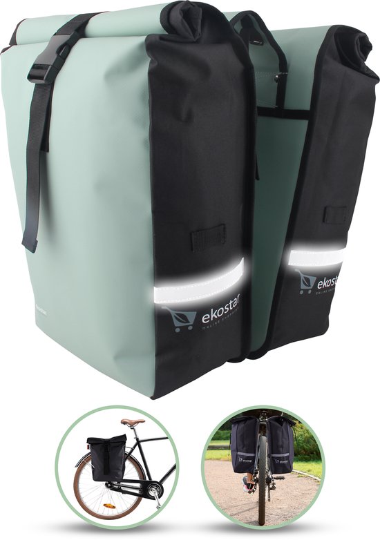 Ekostar® Dubbele Fietstas Roltop 46L - Waterbestendig - Mint/Zwart - Fietstassen Elektrische Fietsen van Merkloos