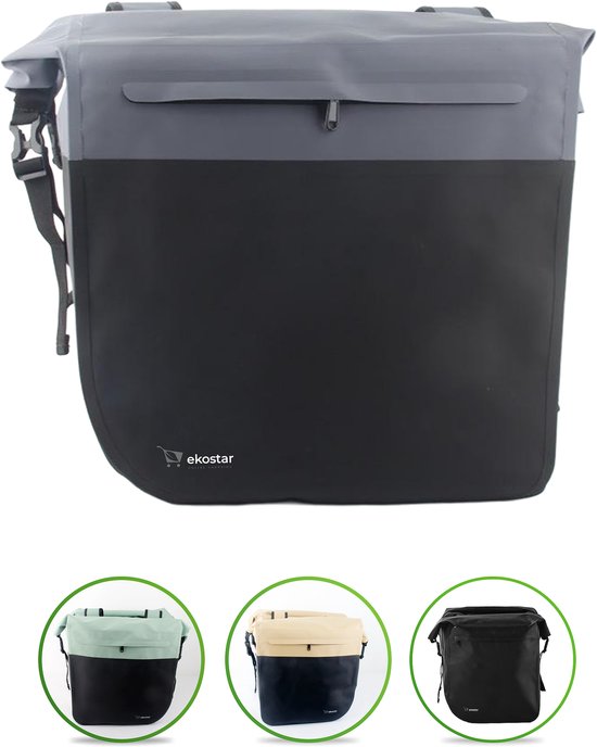 Ekostar® Dubbele Fietstas Urban 46L - 100% Waterdicht - Grijs/Zwart - Roltop - Geseald - Fietstassen Elektrische Fietsen van Ekostar