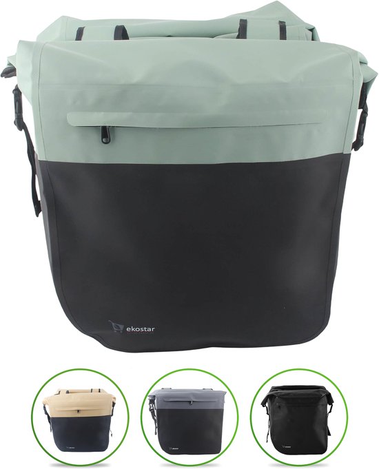Ekostar® Dubbele Fietstas Urban 46L - 100% Waterdicht - Mint/Zwart - Roltop - Geseald - Fietstassen Elektrische Fietsen van Ekostar
