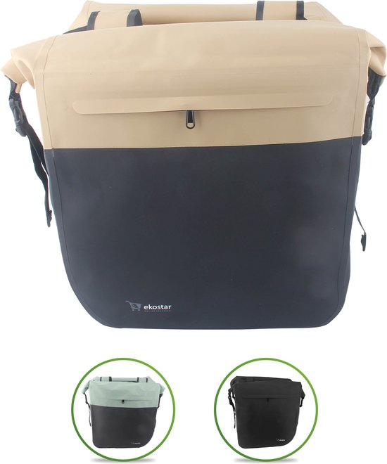 Ekostar® Online shopping - Dubbele Roltop Fietstas - 100% Waterdicht - Beige Zwart - 46L - Fietstassen electrische fietsen van Ekostar