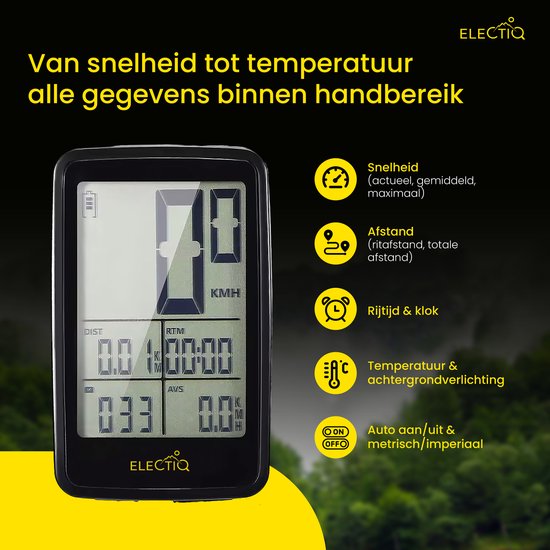 ELECTIQ Kilometerteller Fiets – Draadloze Fietscomputer met Snelheidsmeter – USB Oplaadbaar, Waterdicht, Dag/Nacht Display – 11 Functies