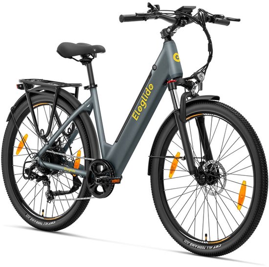 Eleglide T1 Step-Thru elektrische trekkingfiets 27,5 Inch CST-banden 36V 13Ah accu 250W borstelloze motor 25Km/h Shimano 7 versnellingen 100km maximaal bereik IPX4 waterdicht 120kg maximale belasting Dubbele schijfremmen - Grijs van Eleglide