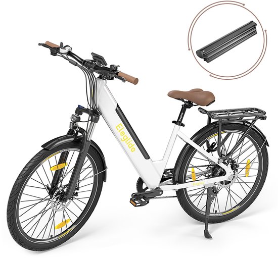 Eleglide T1 Step-Thru – Elektrische trekkingfiets met 27,5" CST-banden, 36V 13Ah accu (incl. extra), 250W borstelloze motor, 25 km/h, Shimano 7 versnellingen, max 100 km bereik, IPX4 waterdicht, 120 kg belasting en dubbele schijfremmen. Kleur: Wit van Merkloos