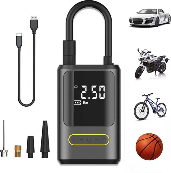 Elektrische Bandenpomp – 10,3 BAR - USB Oplaadbaar - Fietspomp - Ballenpomp - Autobanden Pomp - Luchtpomp - Luchtcompressor - Noodlamp van Merkloos