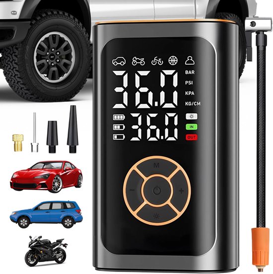 Elektrische Bandenpomp - Draadloze Compressor - Autobanden Pomp - Digitale Luchtpomp met Dubbel LCD Scherm - 2x2000mAh Accu - 4 Drukeenheden - Met Zaklamp en Opbergtas