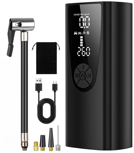 Elektrische bandenpomp - Draagbare luchtcompressor - Elektrische luchtpomp - Accu-luchtpomp 6000 mAh 150 PSI - Oplaadbaar - Met LCD-display - Draagbare multifunctionele compressor - Geschikt voor fietsen, motoren en auto's - Zwart