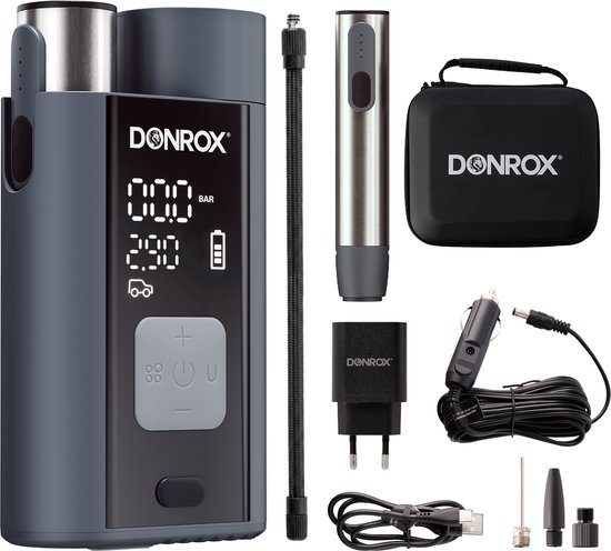 Elektrische compressor bandenpomp voor auto en camper - Donrox Ride A924 Bundel - Luchtcompressor met oplader en extra verwisselbare batterij