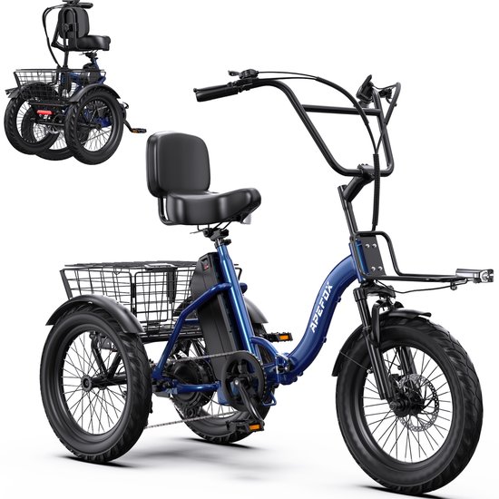 Elektrische Driewieler - 18 Inch 48V 15Ah Accu - Klapfiets E-Bakfiets - Elektrische Fiets - Elektrische Vrachtsfiets 150kg - 80km Bereik - Grote groentemanden aan de voor- en achterkant - Elektrische vouwfietsen - Blauw