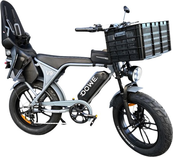 Elektrische Fatbike met Kinderzitje + Krat – Dowe V9 Nardo Grijs - 17.5Ah Accu - 250W - 25Kmh - Family fatbike - 100% Legaal van Merkloos