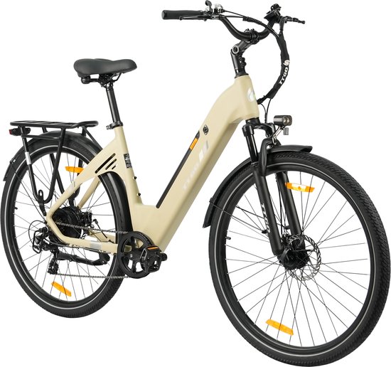 Elektrische fiets 28 Inch - Damesfiets-Herenfiets-Aluminiumlegering- met 7 versnellingen -36 V 18 Ah - 648Wh -elektrische stadsfiets -Achterwielmotor 250W - Hydraulische schijfrem -tot 120km- IP54 Waterdicht - Geel van Merkloos