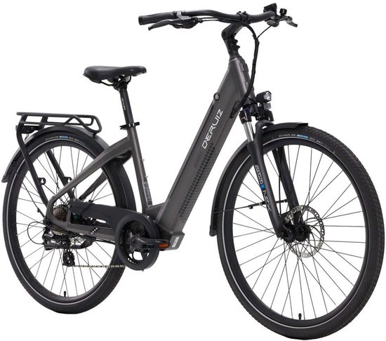 Elektrische Fiets Deruiz Quartz - Elektrische Stadsfiets -161 km Actieradius - 644Wh - 28 inch - Shimano 8 Versnellingen - Vering - Verwijderbare Accu - App & Bluetooth - LCD Display - Grijs van Merkloos
