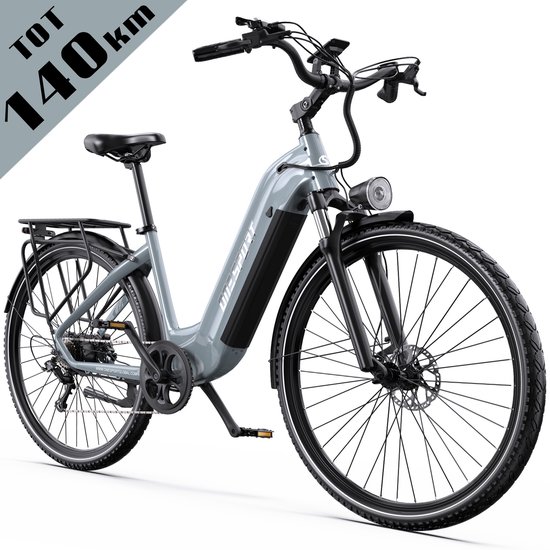 Elektrische Fiets ONESPORT - 140 km Actieradius - 810Wh/22.5Ah Accu - 28 Inch Wielen - Shimano 7 Versnellingen - Hydraulische Schijfremmen - Aluminium Frame - LCD Display & APP - Elektrische Stadsfiets - Grijsblauw